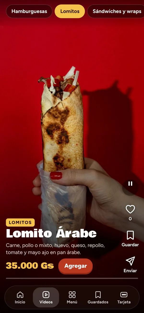 Menú en formato video, con el plato Lomito árabe