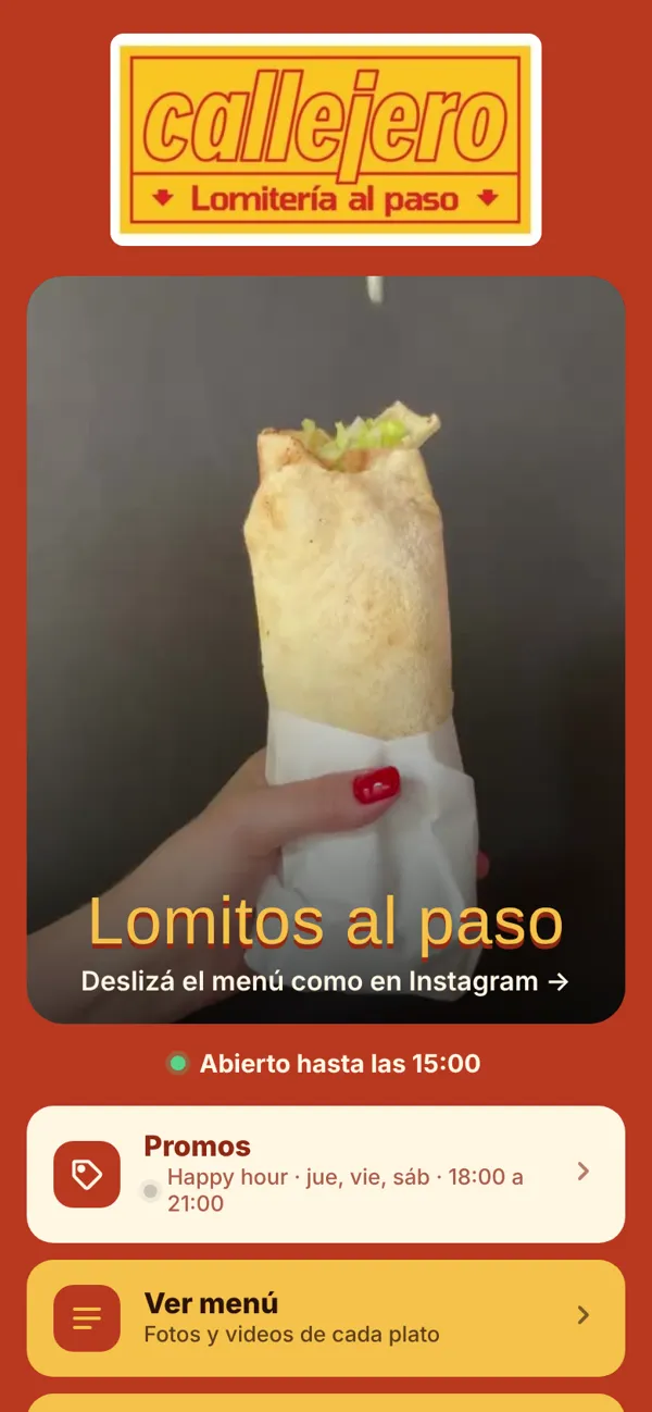 Inicio del menú de Callejero con promos, menú y tarjeta
